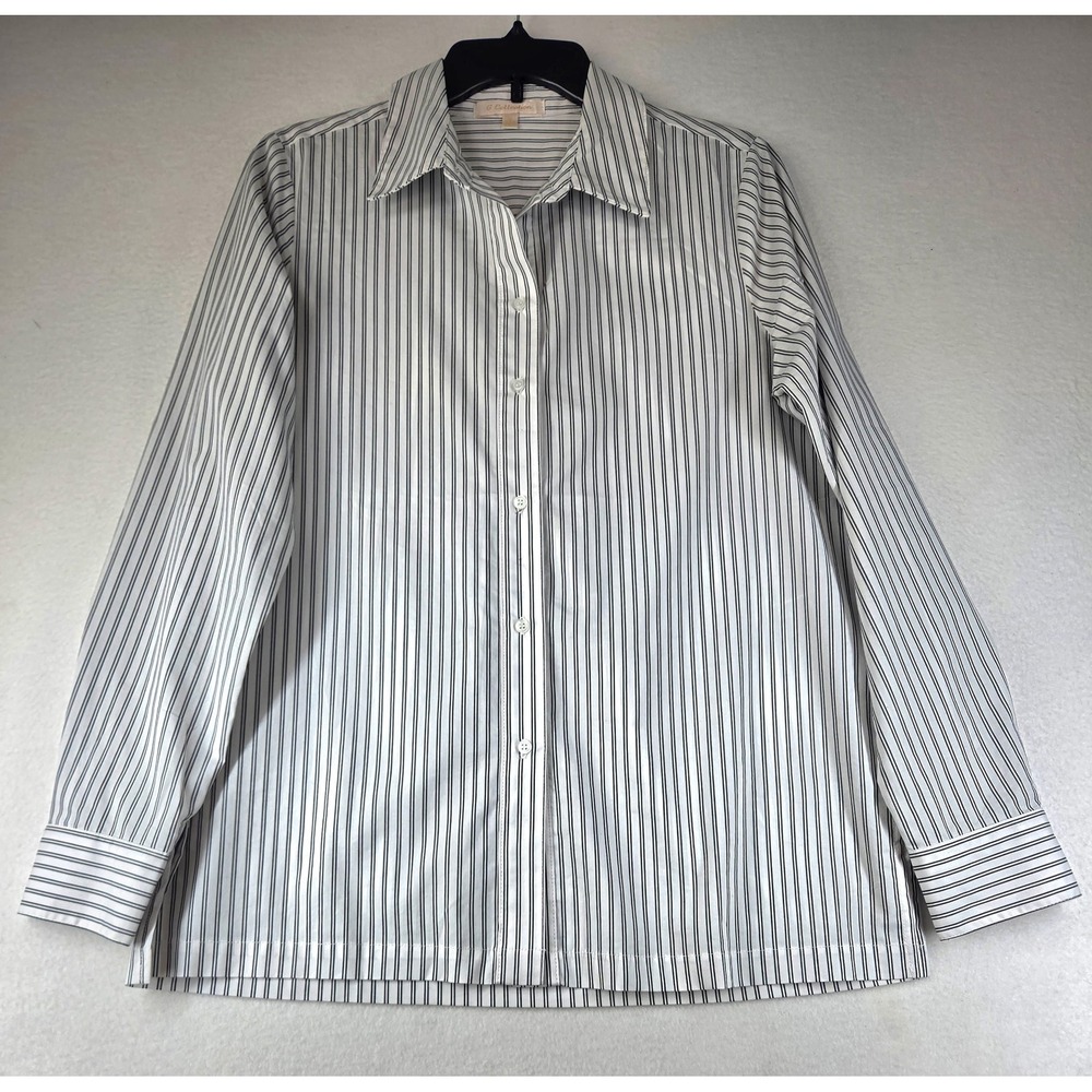 G Collection Womens Striped Button Down Shirt Black White Long Sleeve Medium